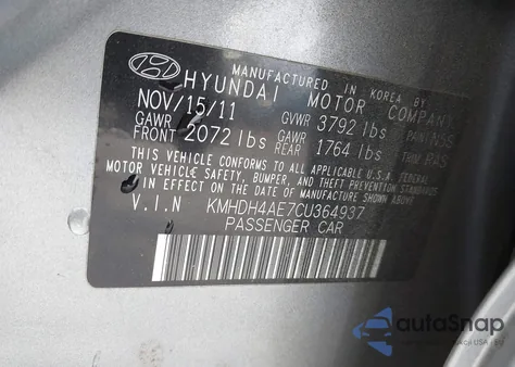 2012 Hyundai Elantra Gls (Ulsan Plant) из США, поврежденный, VIN KMHDH4AE7CU364937